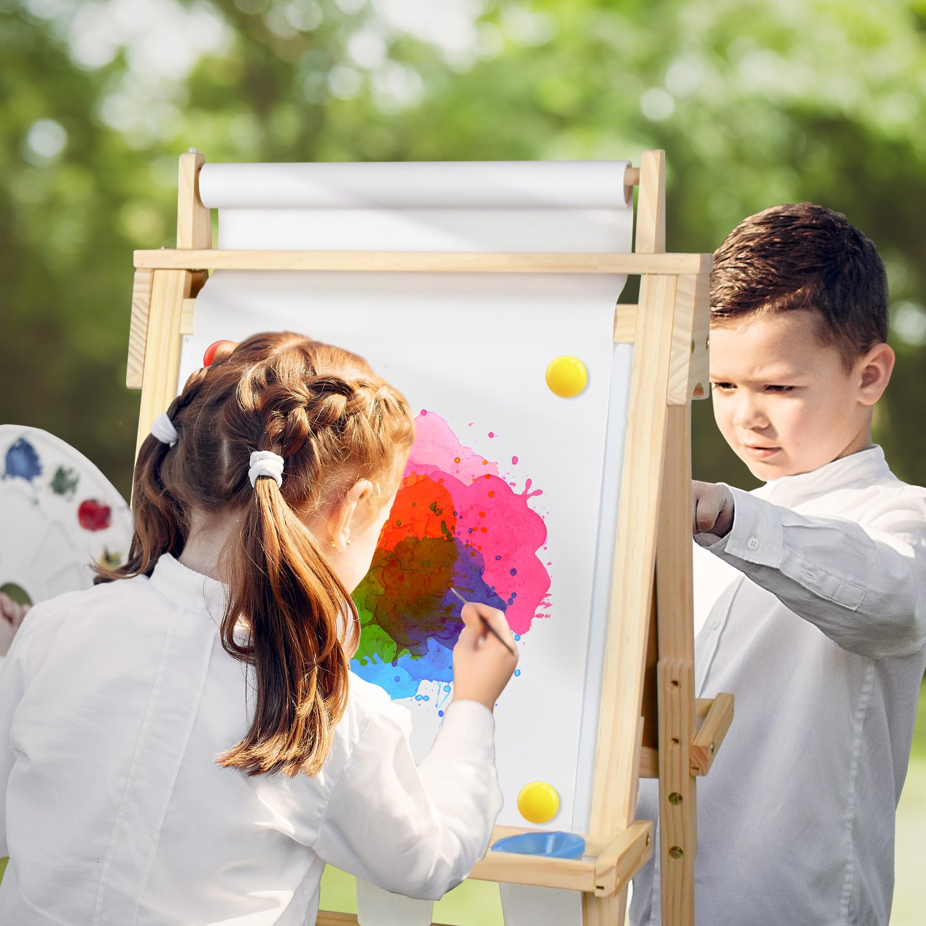 Joyooss easel includes paper roll, magnets, chalk, and markers.