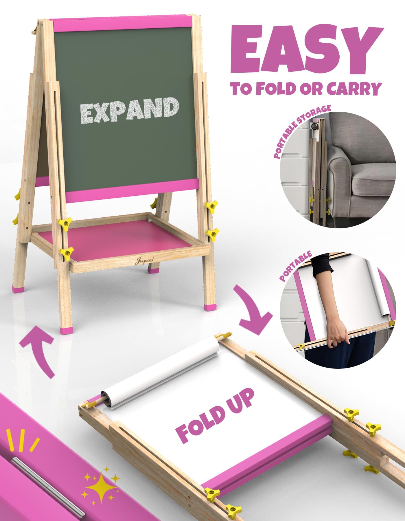 JOYOOSS 3-in-1 easel provides chalkboard, whiteboard, and paper canvas for collaborative art.
