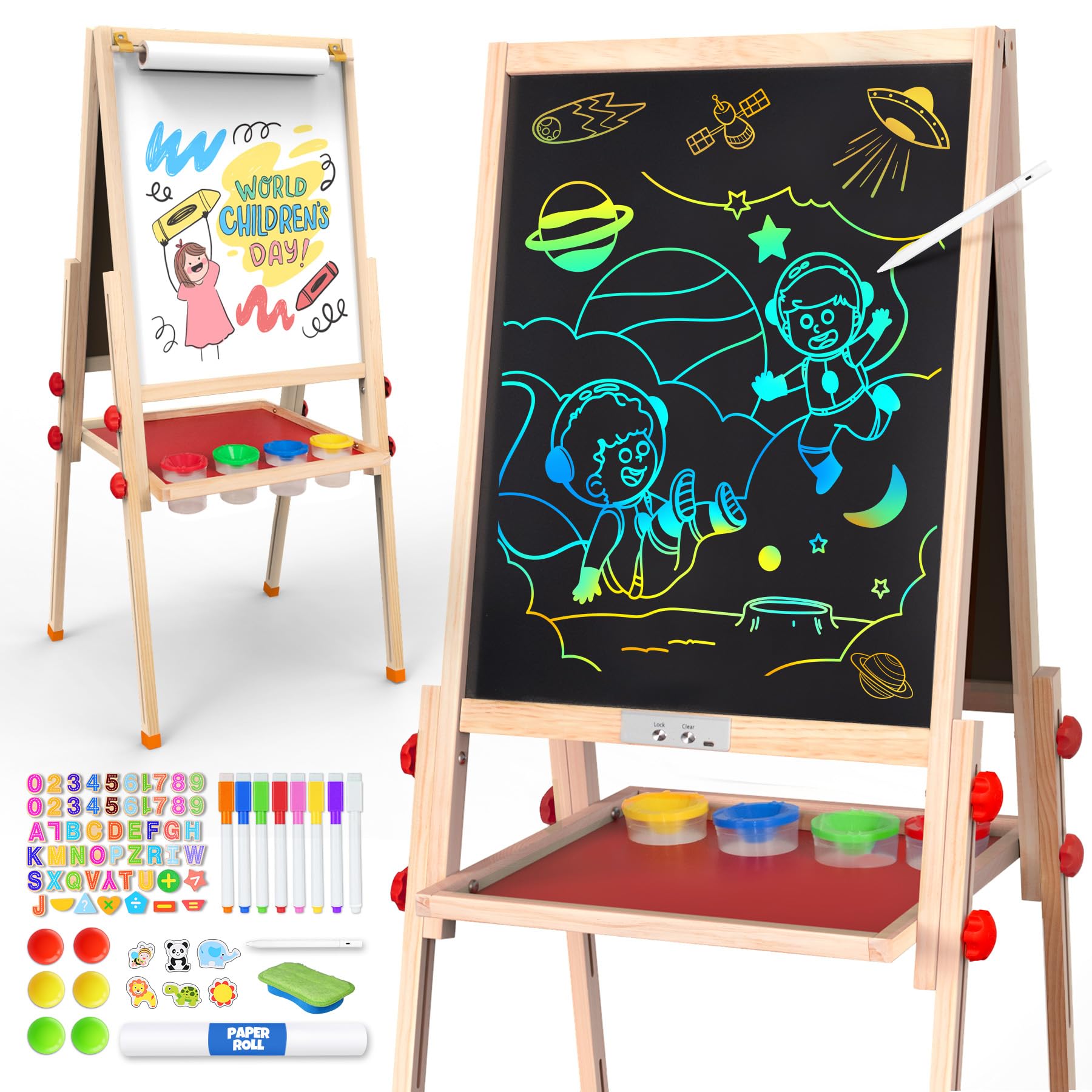 Joyooss LCD Easel side view highlights a sturdy wooden frame for durable learning