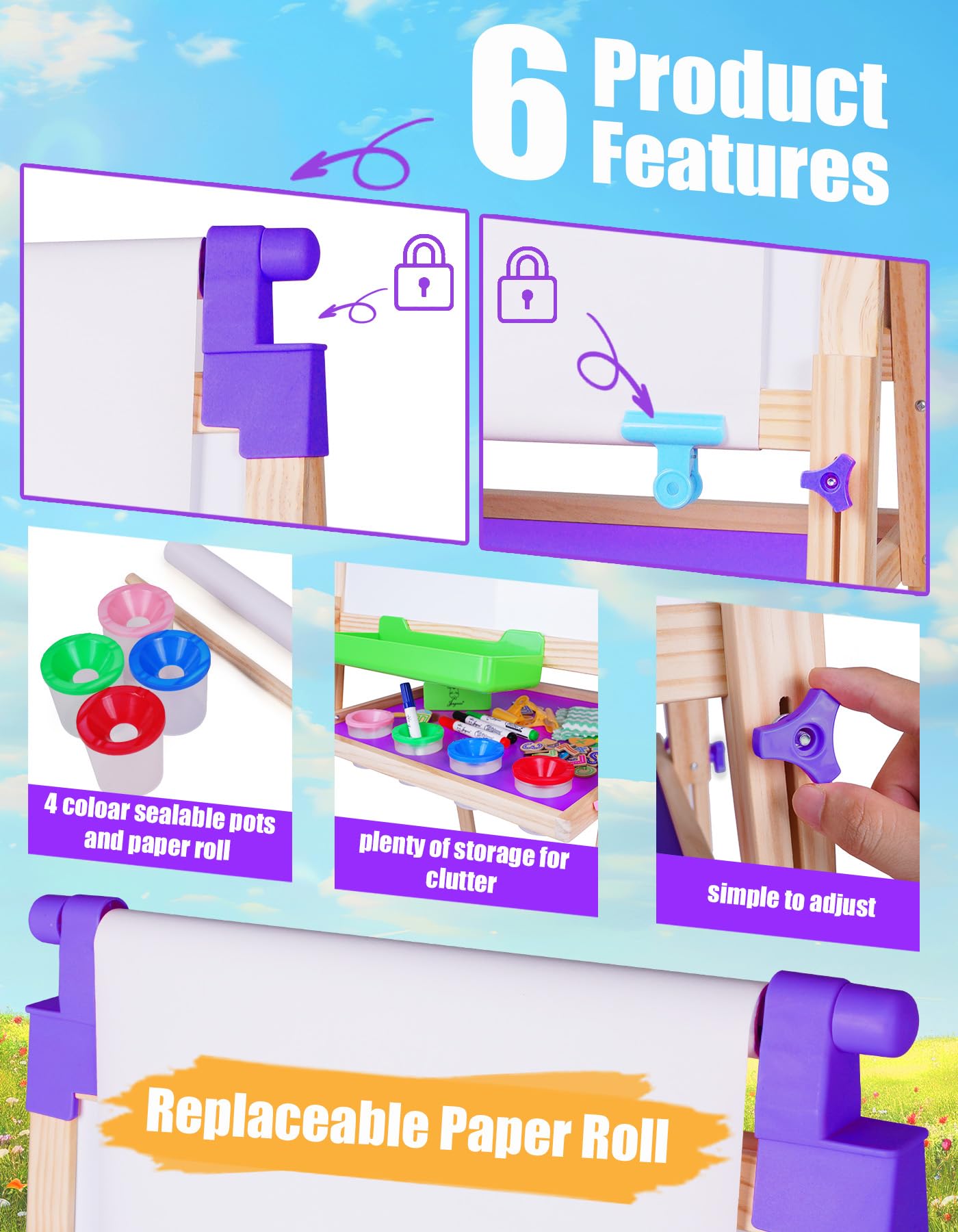 JOYOOSS wooden kids easel emphasizing safe, durable materials.