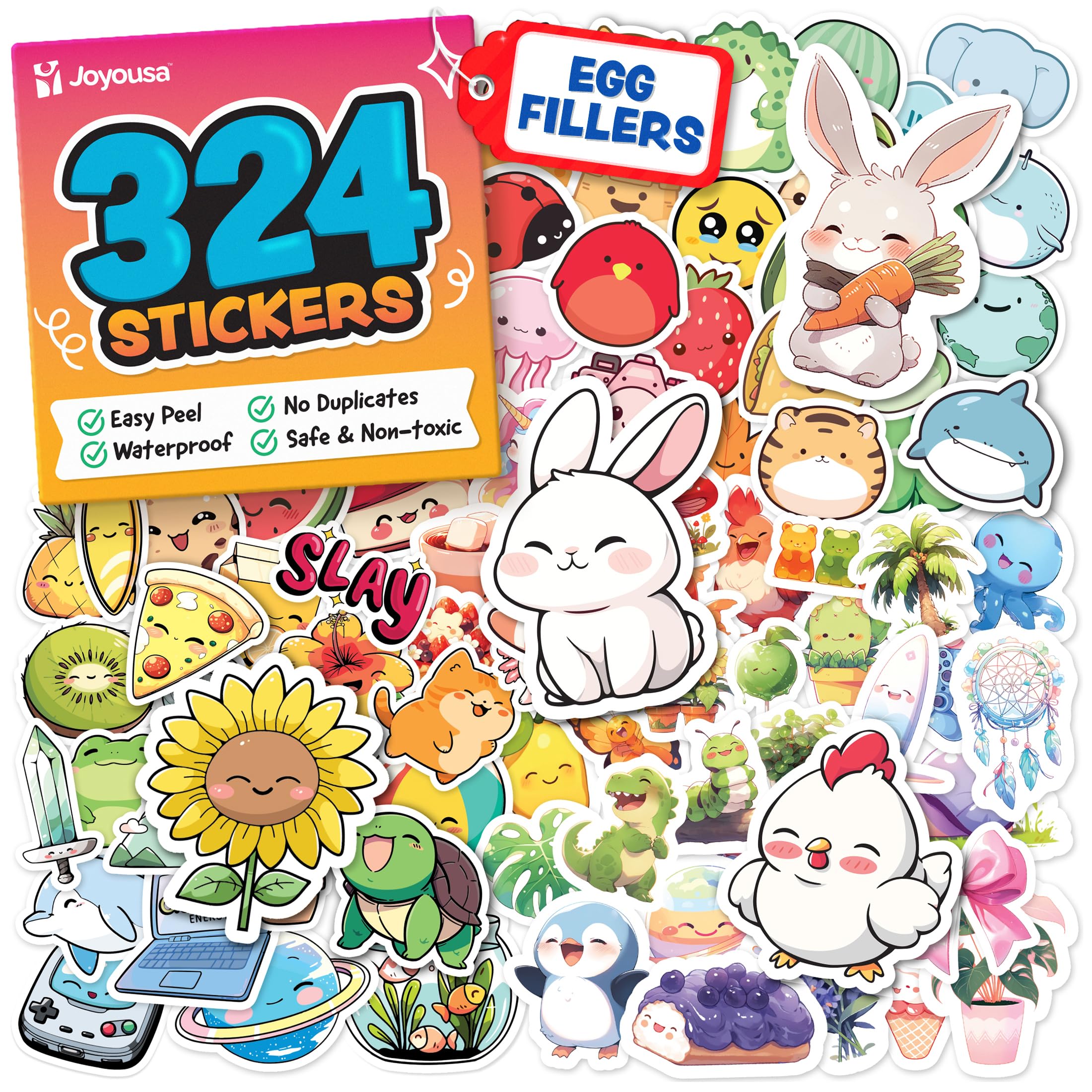 Joyousa cute kid stickers with fruits and kawaii icons, ideal for decorating water bottles and scrapbooks.