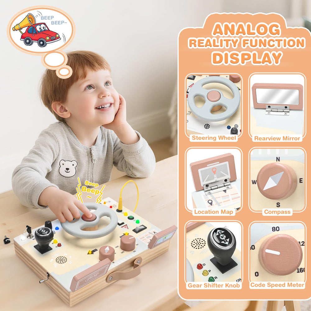 Joyreal busy board gearshift lever supports fine motor play.