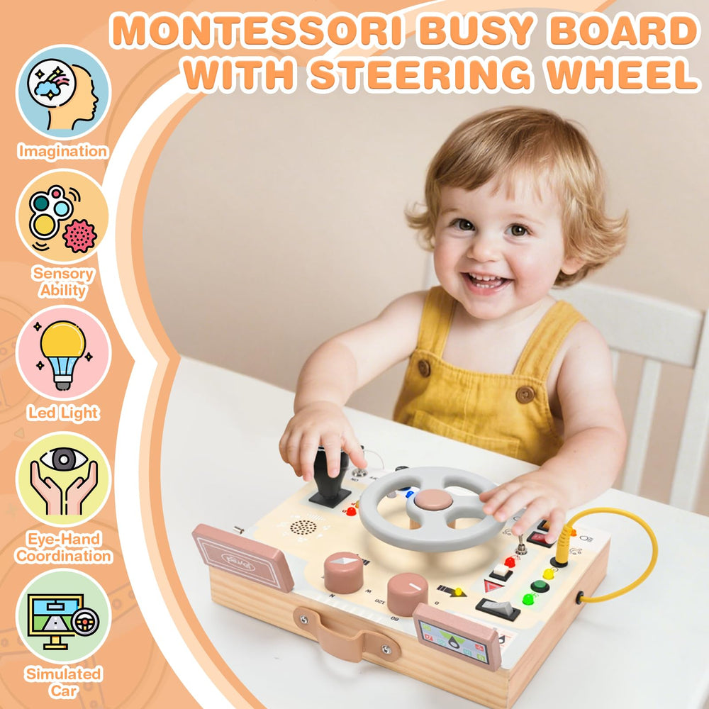 Joyreal busy board music player provides auditory stimulation during pretend driving.