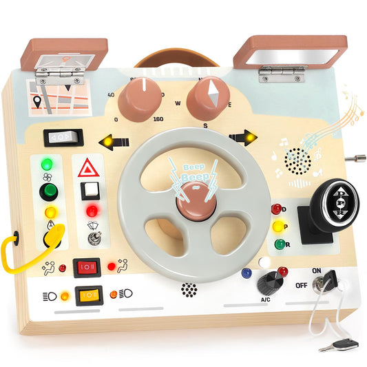 Joyreal busy board steering wheel action promotes imaginative driving play.