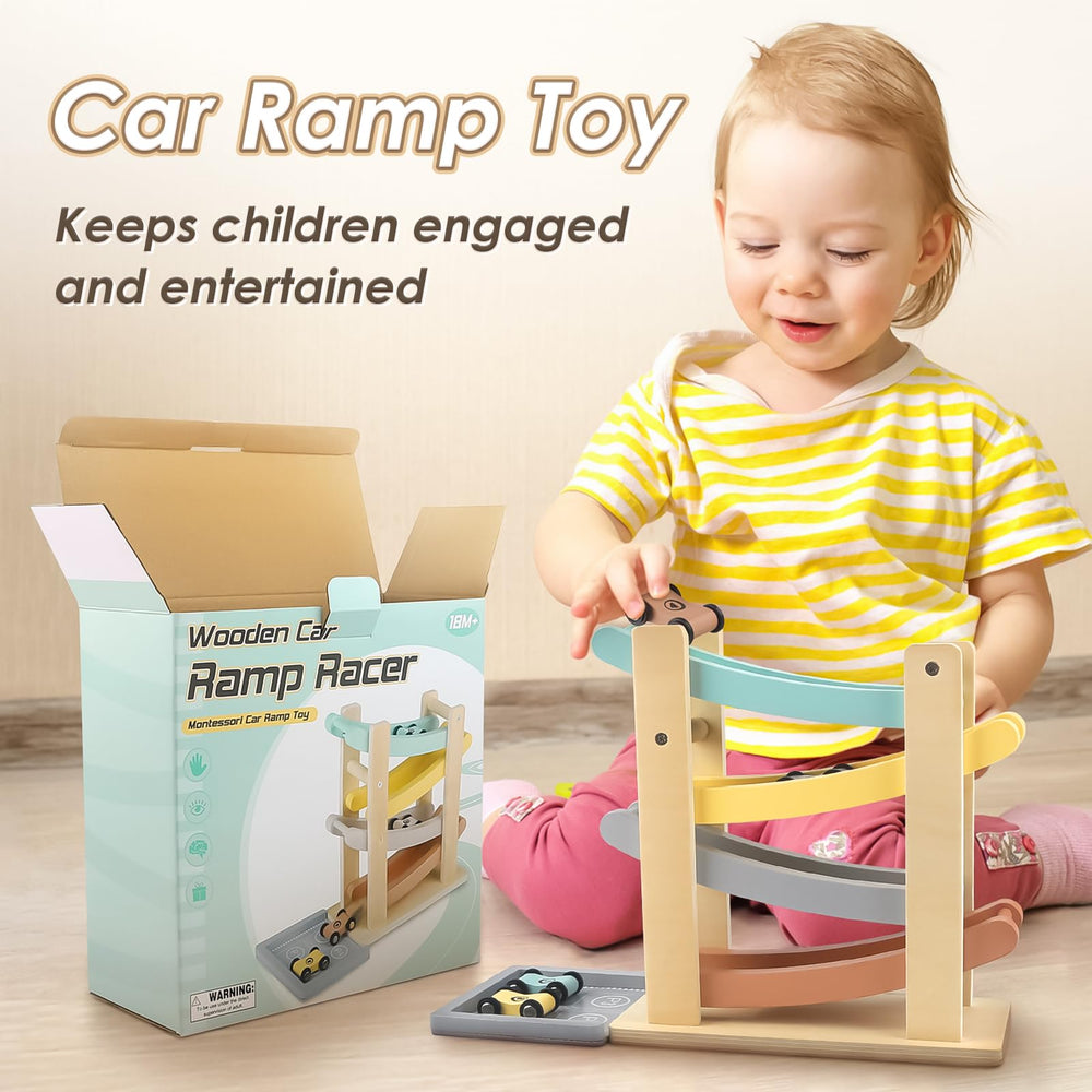 Close-up of track garages and smooth wooden surfaces on the Joyreal toy.