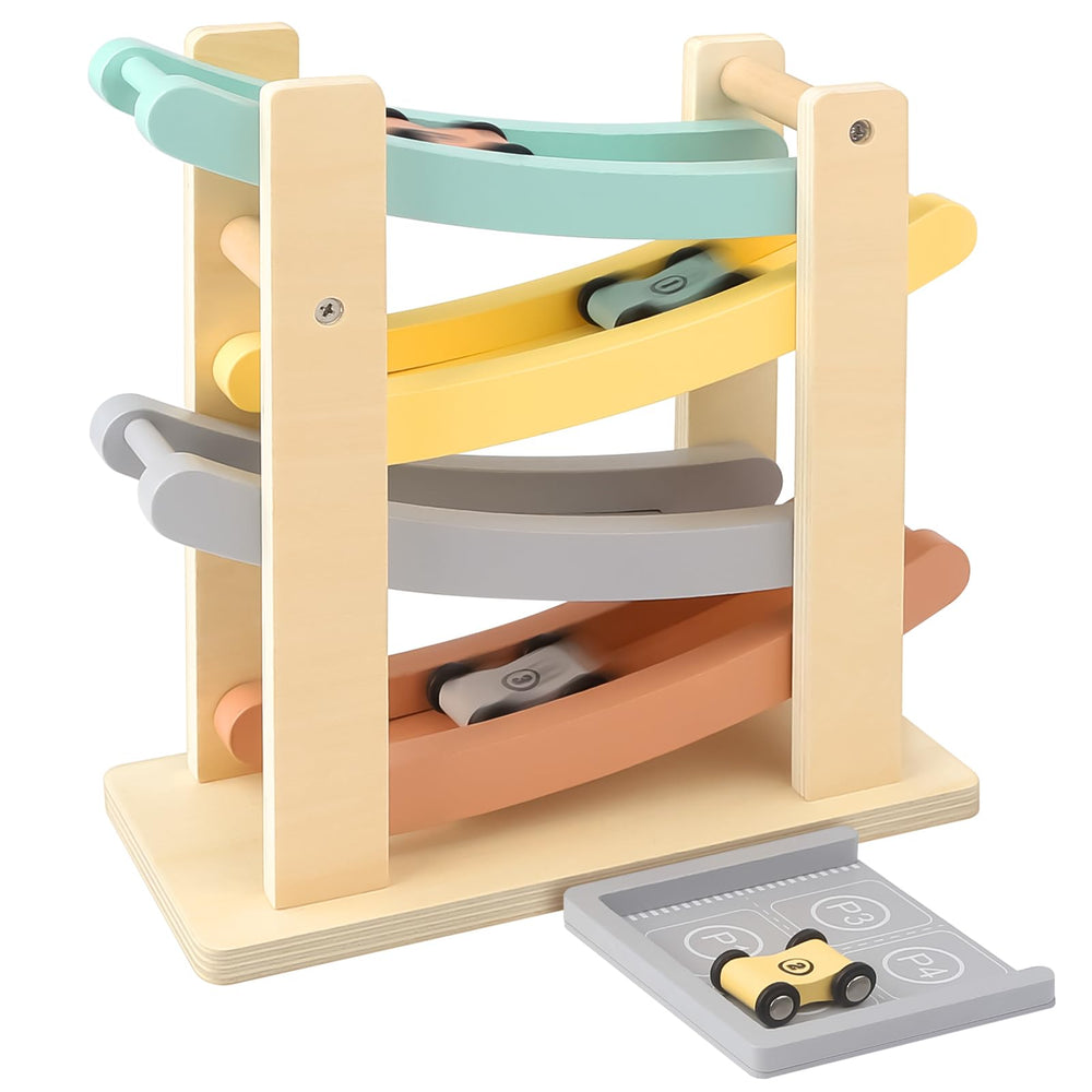Joyreal Montessori wooden car ramp with four cars for toddler racing fun.