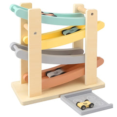 Joyreal Montessori wooden car ramp with four cars for toddler racing fun.