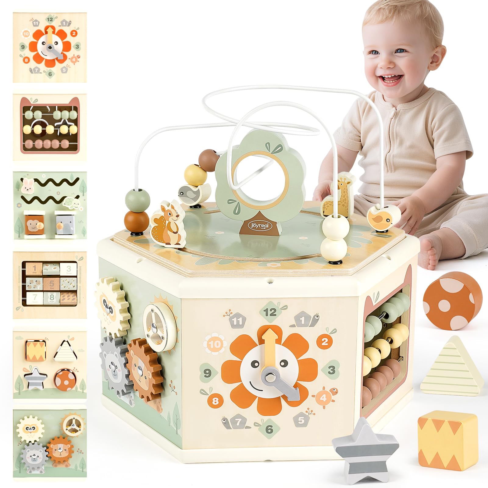 Joyreal wooden activity cube bead maze for fine motor skill development.