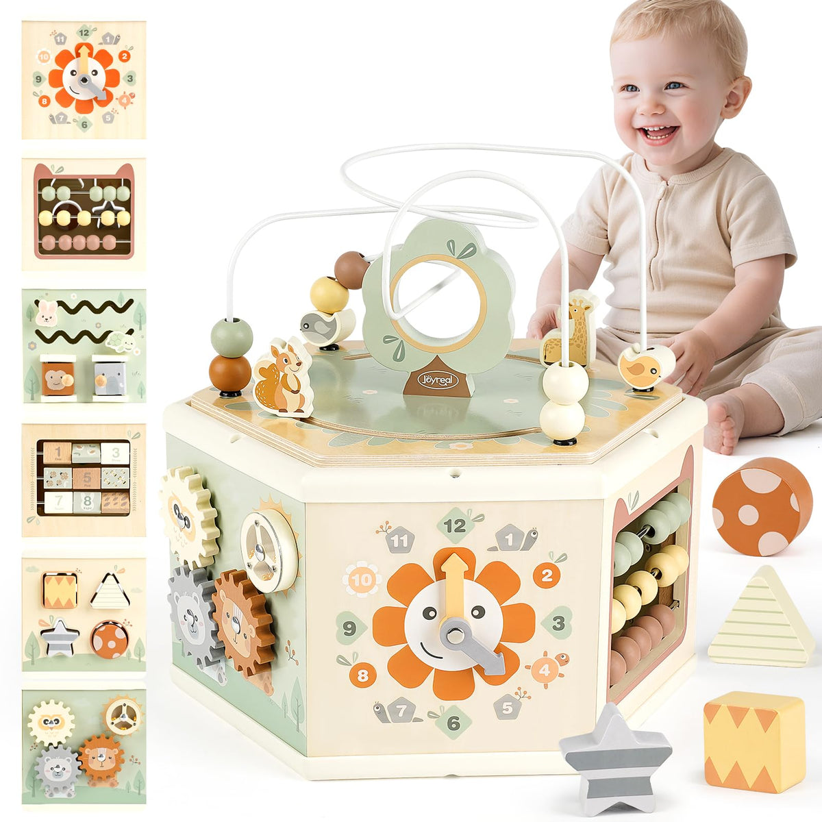 Joyreal wooden activity cube bead maze for fine motor skill development.