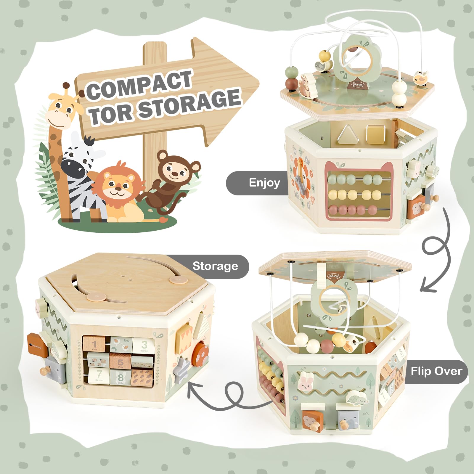 Joyreal wooden activity cube clock supports early time concept exploration.