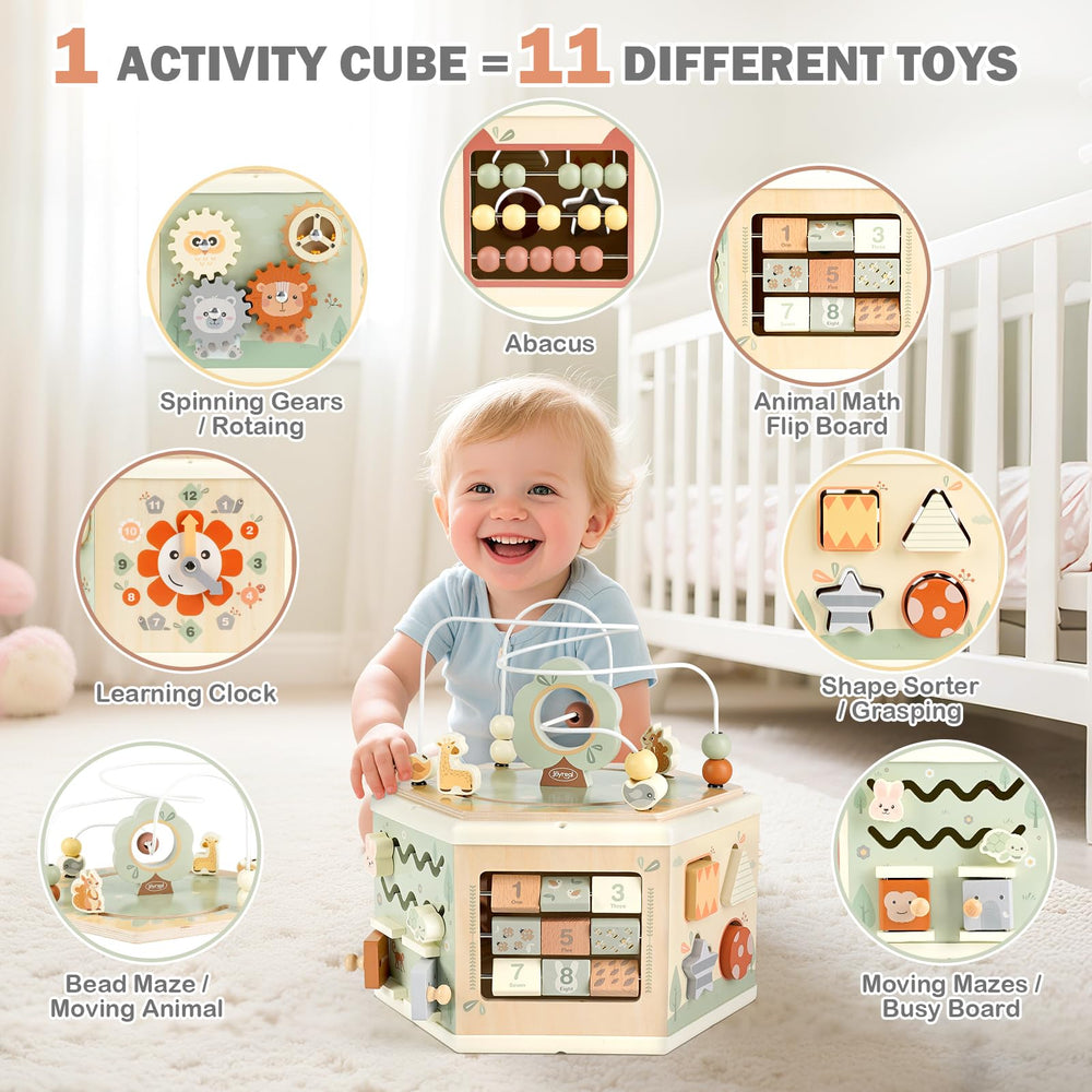 Joyreal wooden activity cube gears spin to encourage hands-on problem solving.