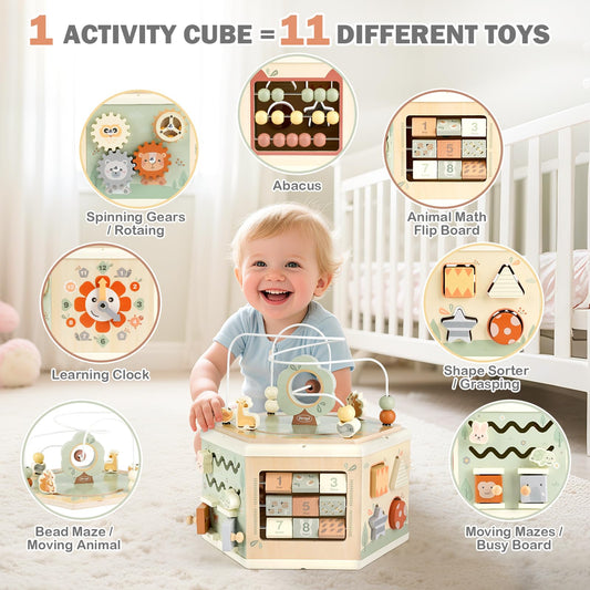 Joyreal wooden activity cube gears spin to encourage hands-on problem solving.