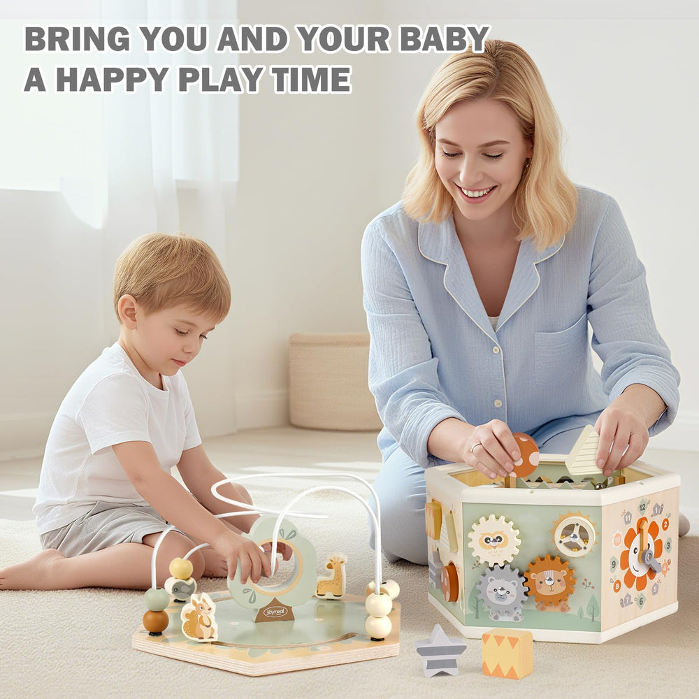 Joyreal wooden activity cube movable maze invites tactile exploration.