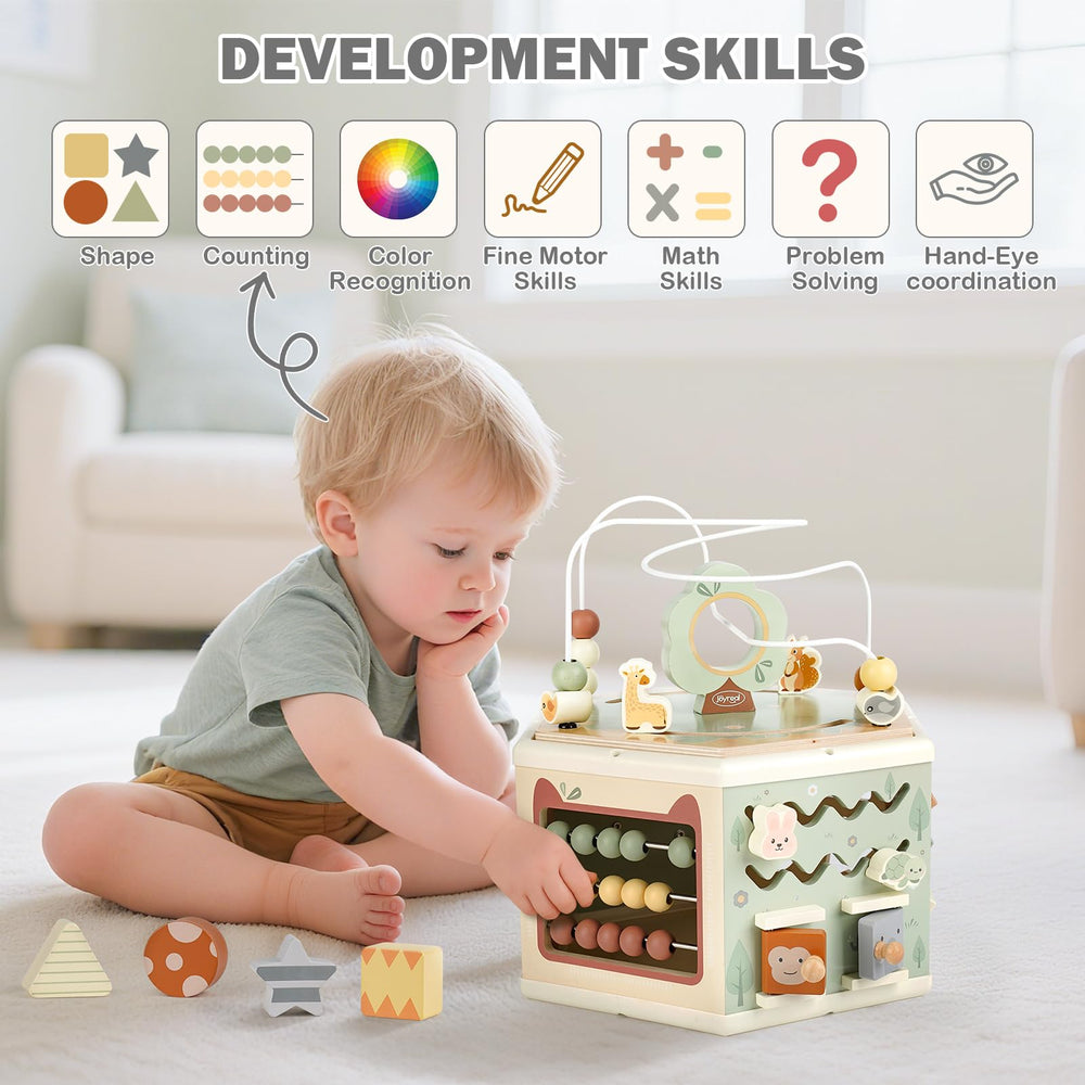 Joyreal wooden activity cube sorting blocks teaches shapes and colors.