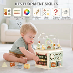 Joyreal wooden activity cube sorting blocks teaches shapes and colors.