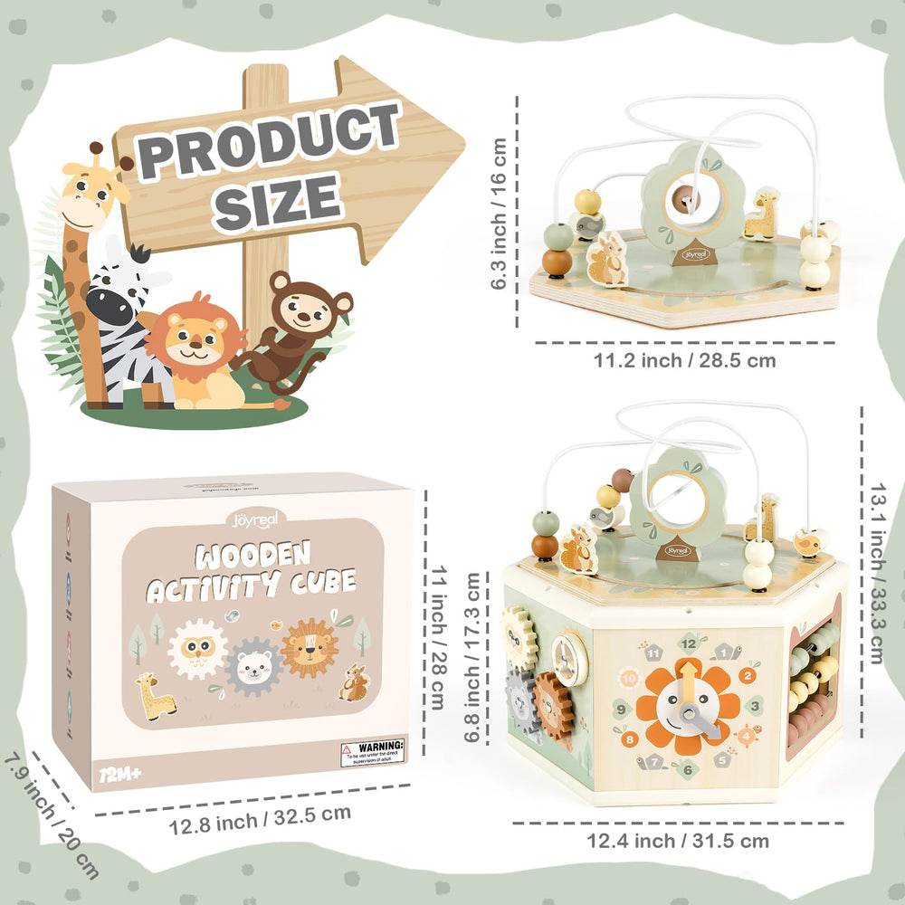 Joyreal wooden activity cube top storage keeps playspaces tidy.