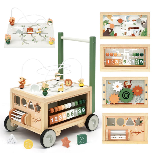 Joyreal wooden baby walker with bead maze top promotes fine motor skills during play.