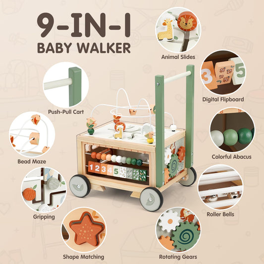 Joyreal wooden baby walker with rolling bell sparks auditory curiosity during playtime.
