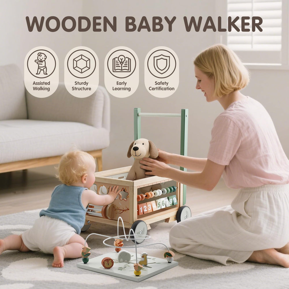 Joyreal wooden baby walker features quiet rubberized wheels to protect floors.