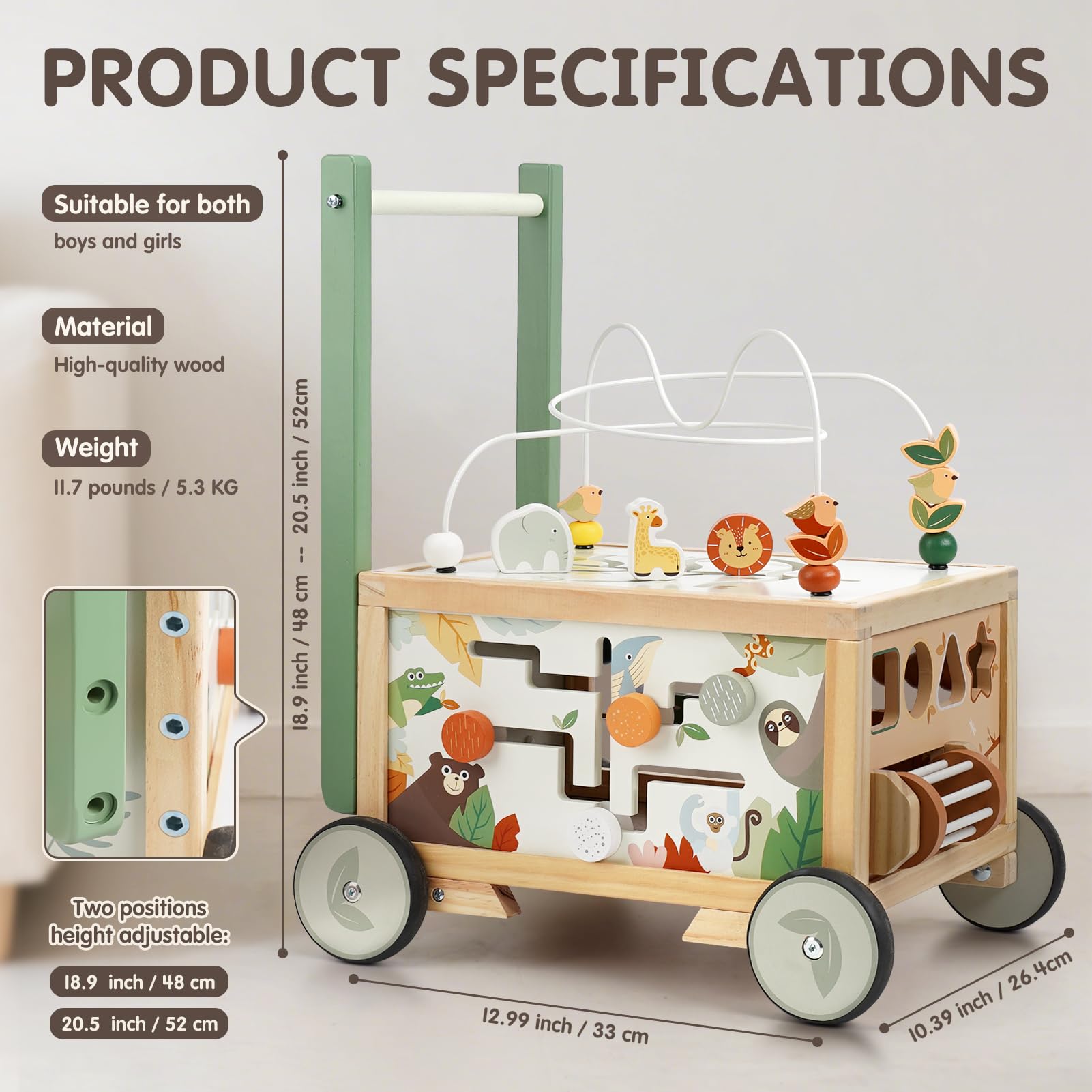 Joyreal wooden baby walker supports sit-to-stand transitions for versatile use.