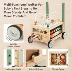 Joyreal wooden baby walker includes a storage box to keep small toys organized.