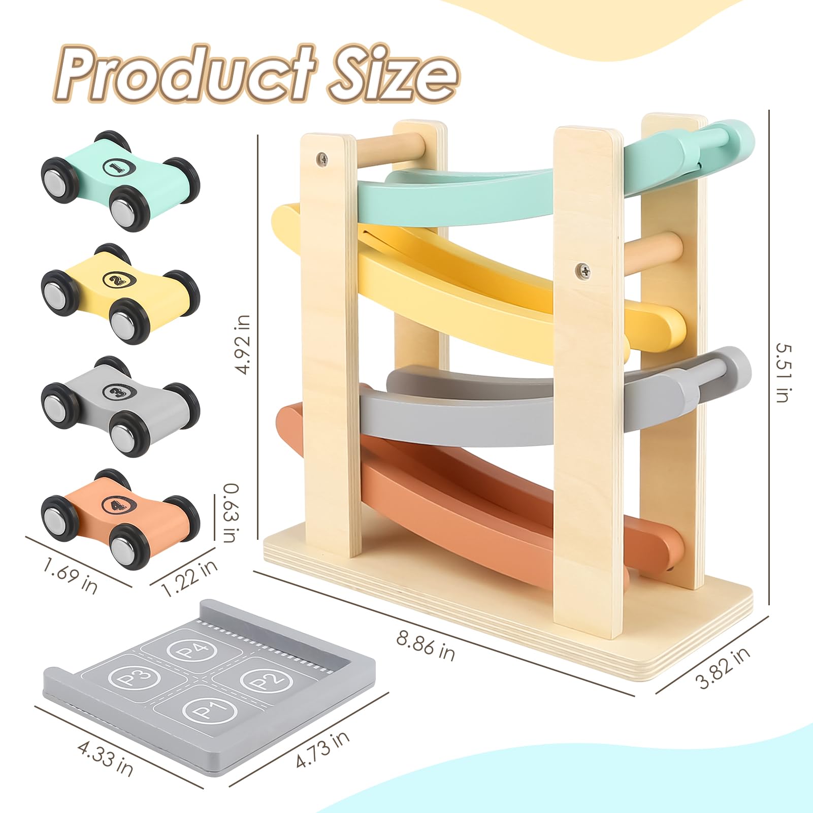 Four Joyreal mini cars glide down the wooden ramp, building early coordination.