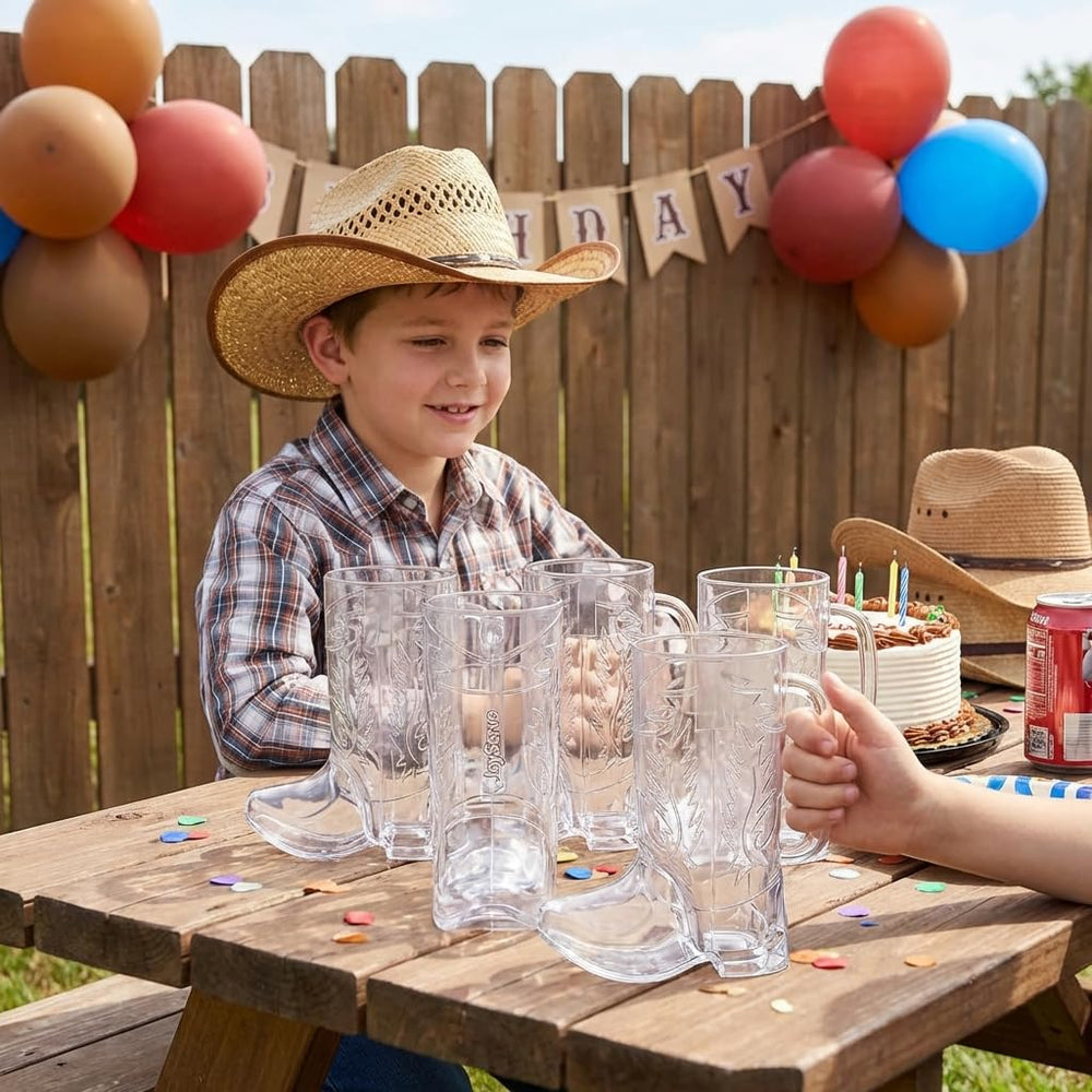 JoyServe Cowboy Boot Mug on a kids party setup for drinks.