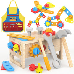 JOYSINTOY wooden tool bench with apron supports imaginative pretend play.
