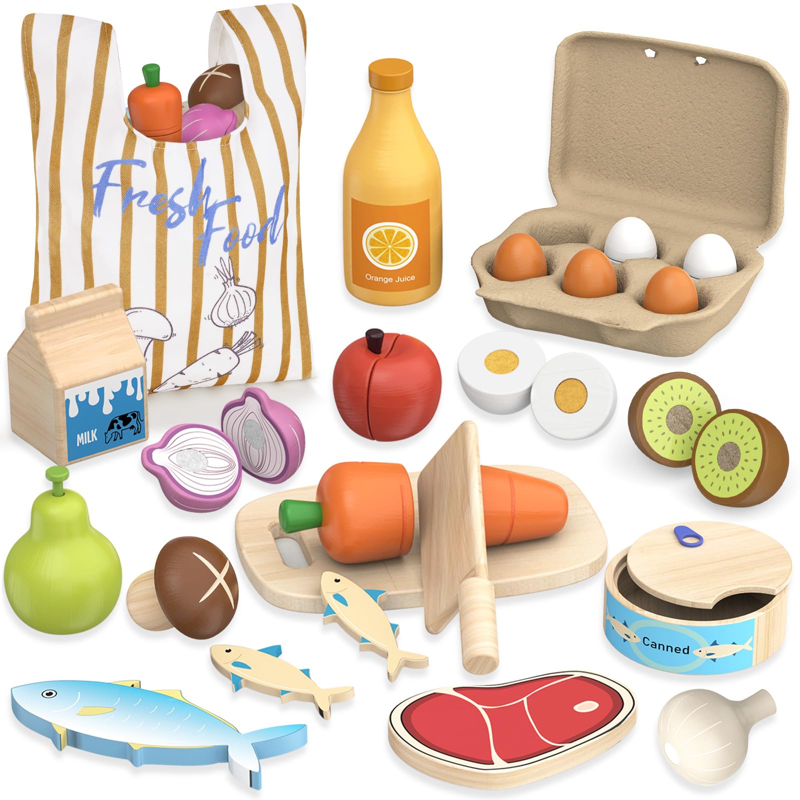 JOYSINTOY wooden cutting board and knife for safe pretend slicing adventures.
