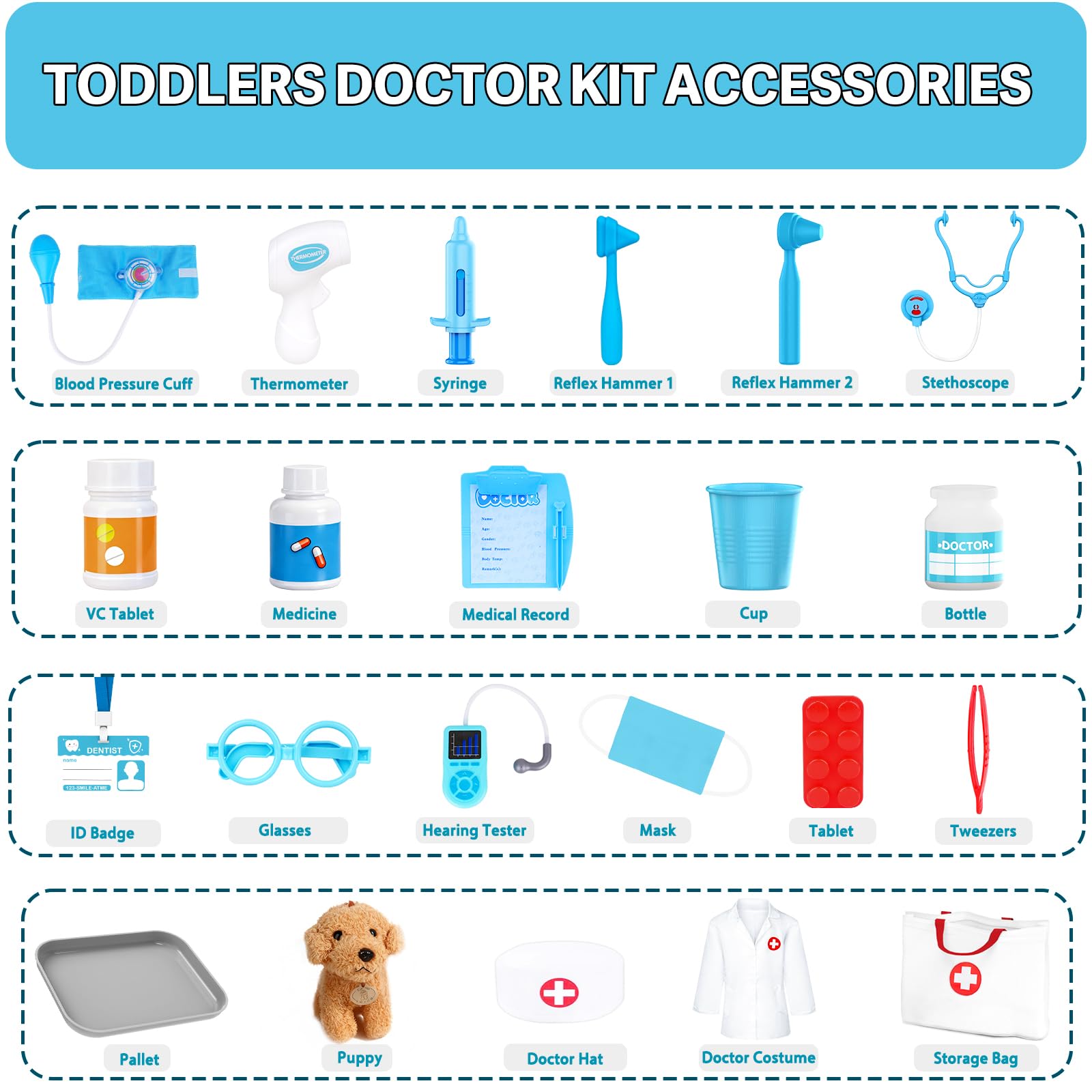 JOYSINTOY doctor kit costume set enhances role-play with doctor hat, badge, and glasses.