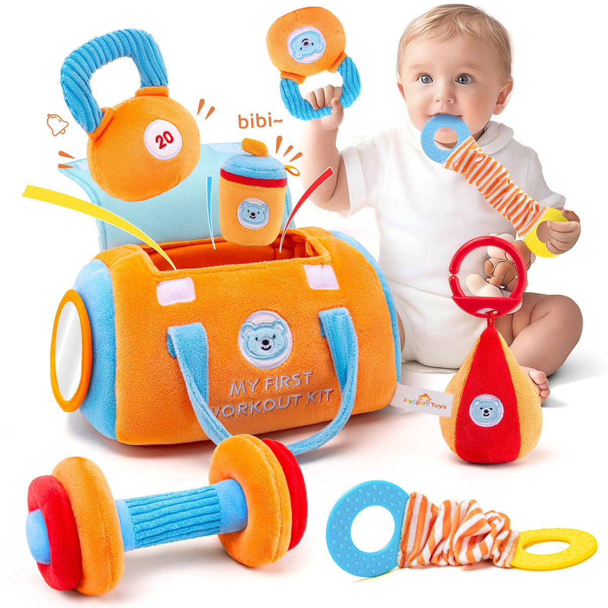 JoySpark Toys baby workout set with crinkle gym bag and mirror for self-recognition.