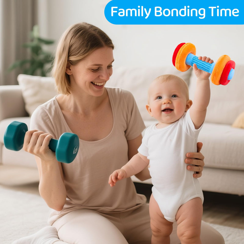 JoySpark Toys squeaky water bottle invites grasping and interactive play.