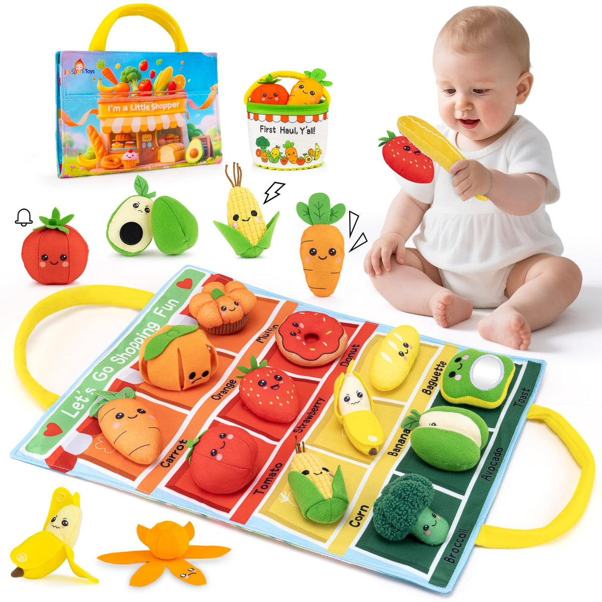 JoySpark Toys shopping trip tote for baby-friendly role-play with safe, realistic play foods.