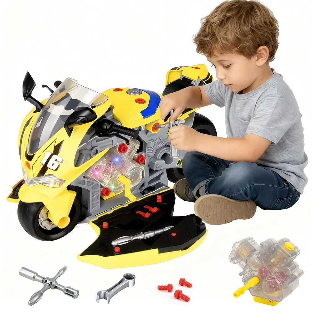 JoySpark Toys take apart motorcycle kit front view showing detachable parts for hands on learning.