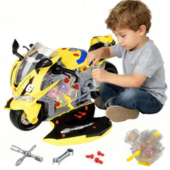 JoySpark Toys take apart motorcycle kit front view showing detachable parts for hands on learning.