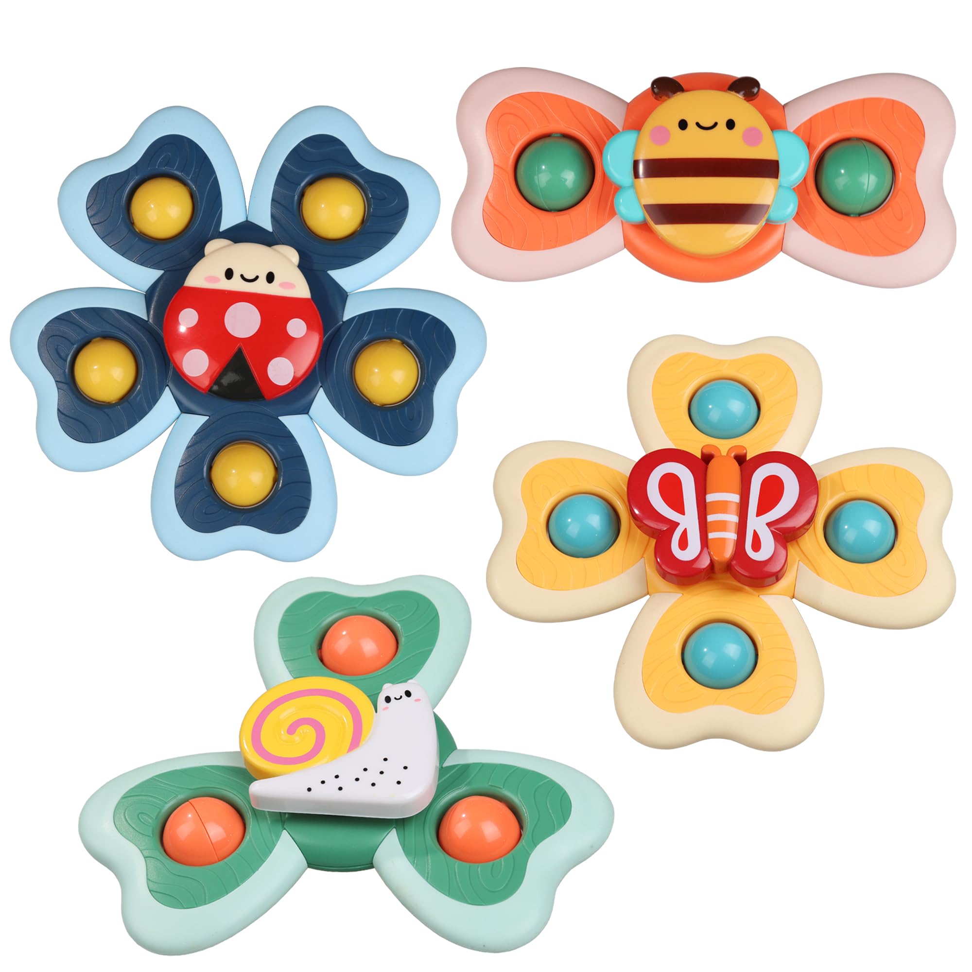 JoySprout 4Pcs spinning bath toys with suction cups for visual tracking and tactile exploration.