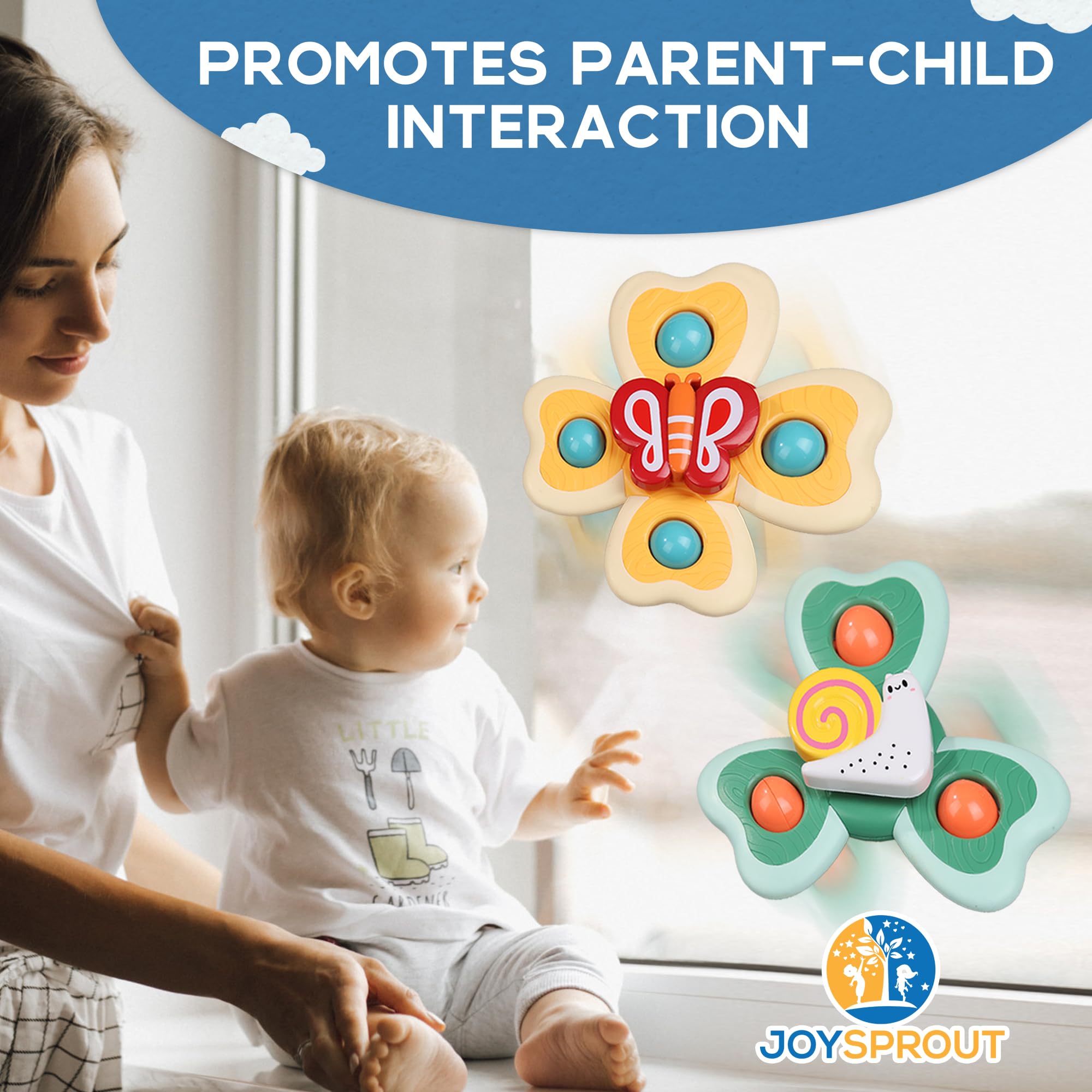 JoySprout airplane window suction spinner offers quiet, travel-friendly entertainment for babies.