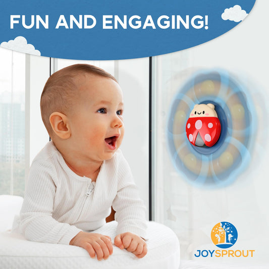 JoySprout silicone suction spinner on high chair for sturdy, engaging meal times.