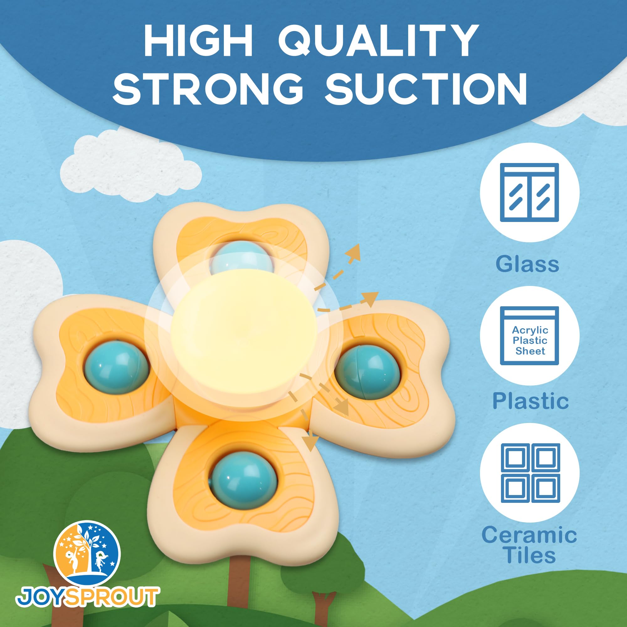 JoySprout textured silicone spinner enhances tactile bath and table play.