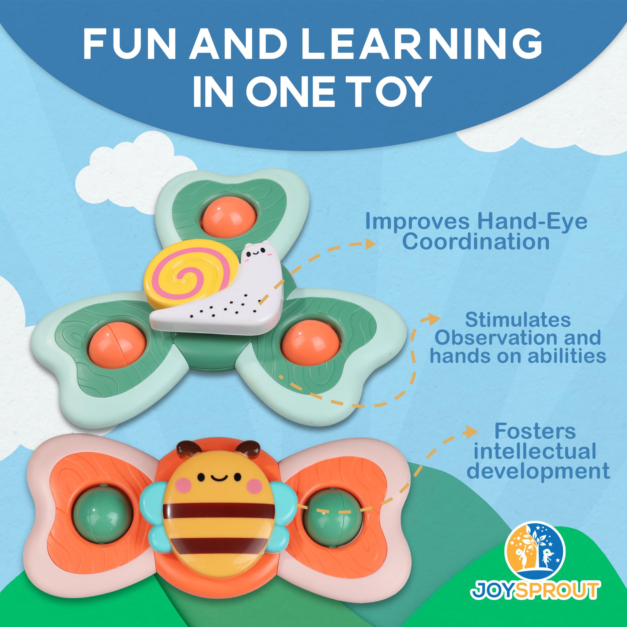 JoySprout multicolor spinner supports toddlers during fridge or mealtime play.