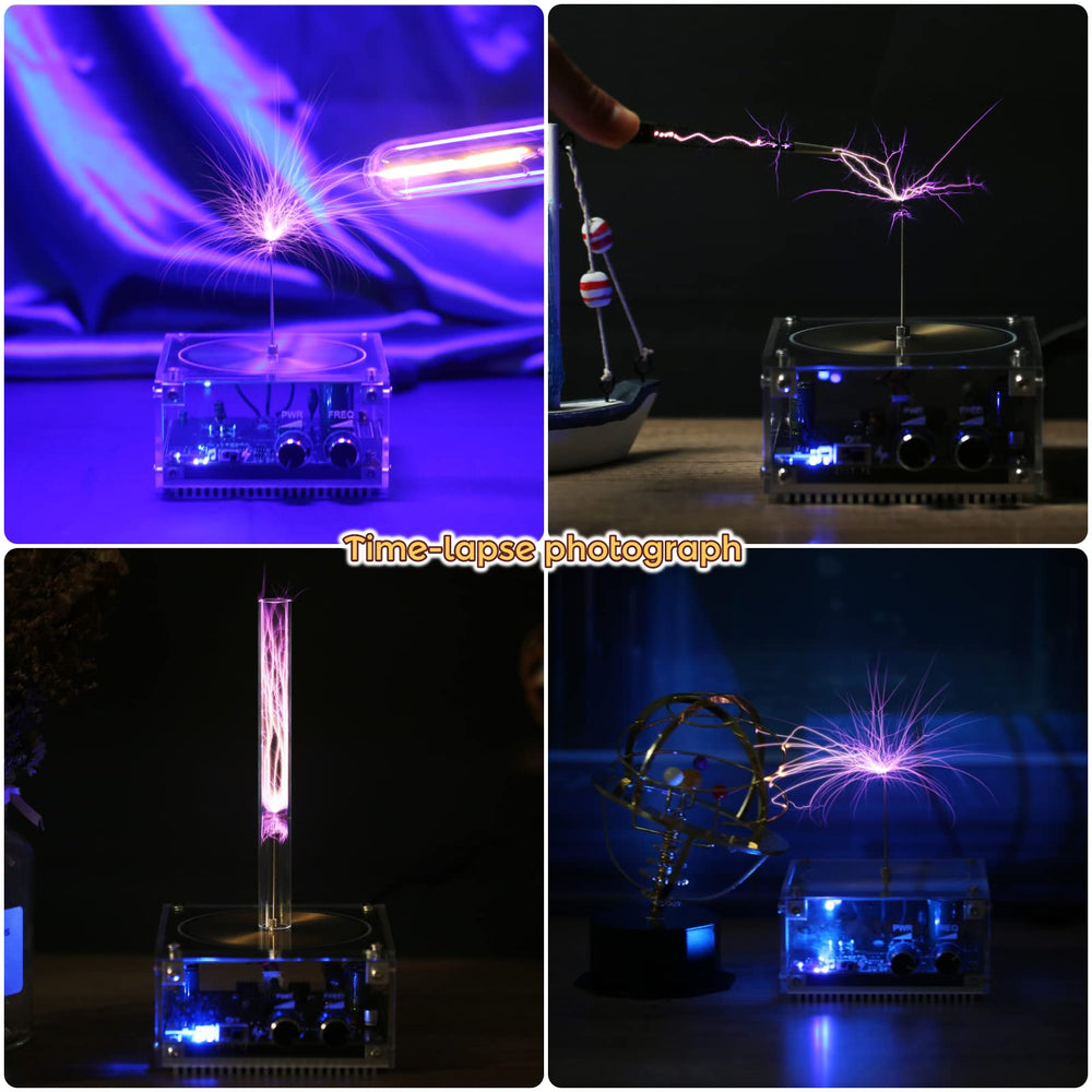 Joytech Tesla coil arc loudspeaker LED glow under ambient lighting.