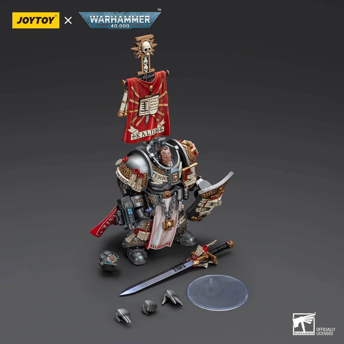 JOYTOY Kaldor Draigo display setup on a shelf for fans
