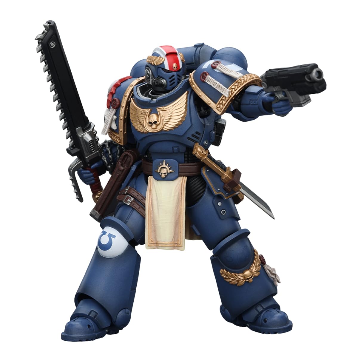JOYTOY Ultramarines Titus backpack detail enhances battle-ready silhouette.