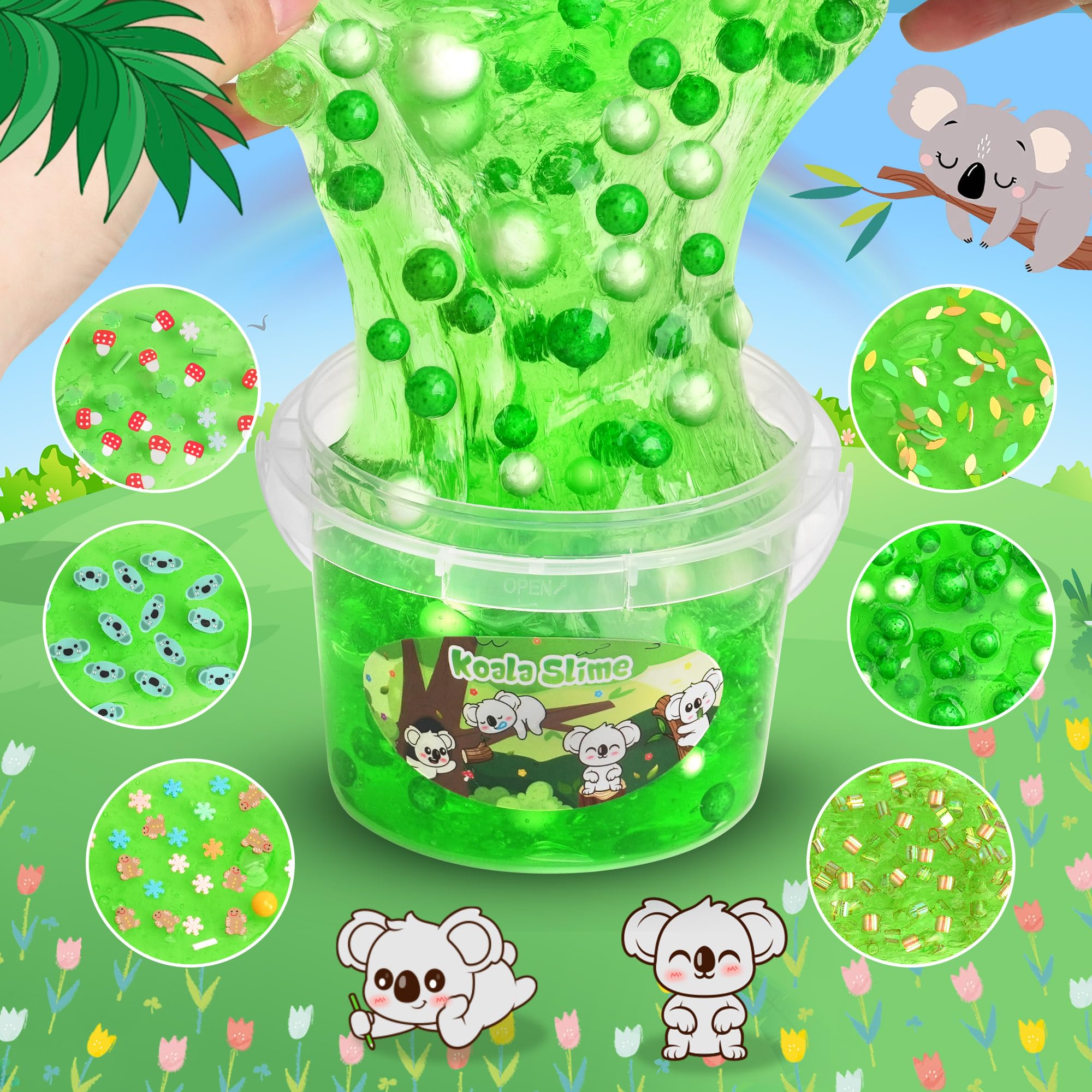 Joytry Koala Slime Kit green slime close-up showing non-sticky stretchy texture.