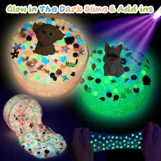 Joytry Puppy Slime Kit glow slime image highlights glowing fun after charging for nighttime play