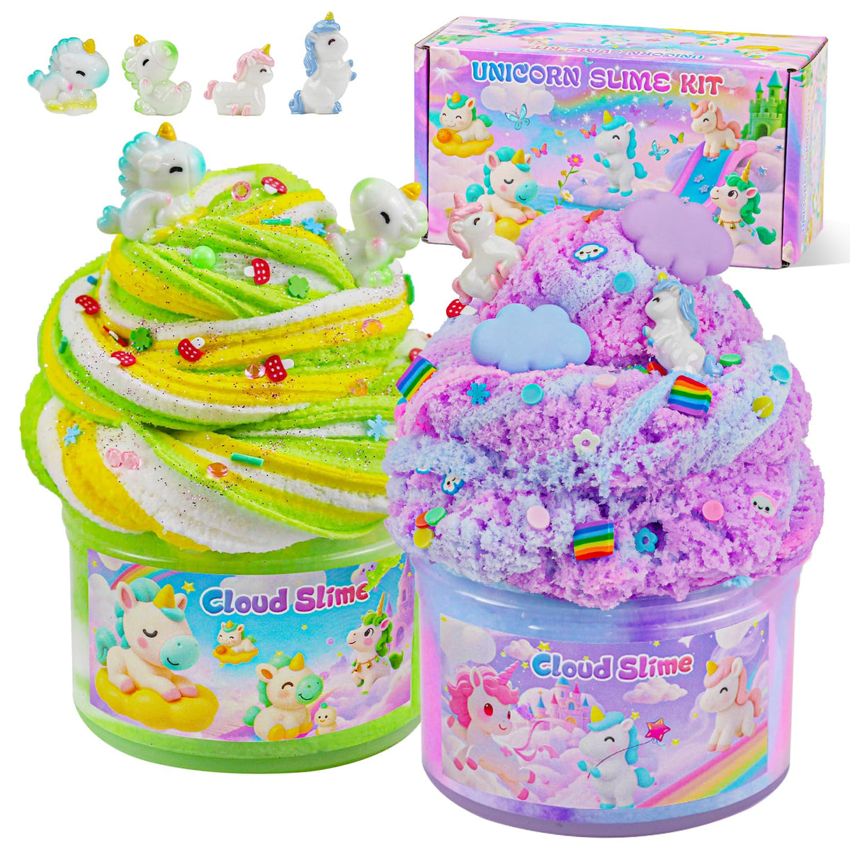 Joytry Unicorn Cloud Slime2 Kit packaging showcases two kid-friendly slime jars for engaging play.