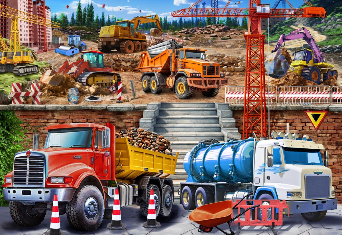 Joyzexy Construction Site puzzle 100 pieces promotes problem-solving during play.