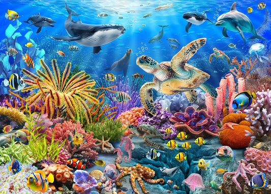 Joyzexy underwater world puzzle spread showing vibrant ocean colors for immersive play