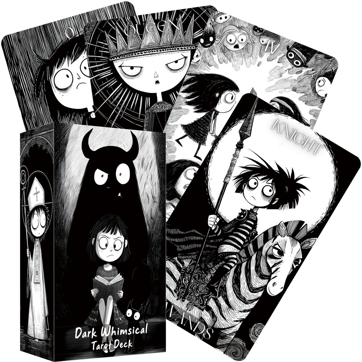 Jrskvaro Dark Whimsical Tarot Cards cover image with moody monochrome art for intriguing readings