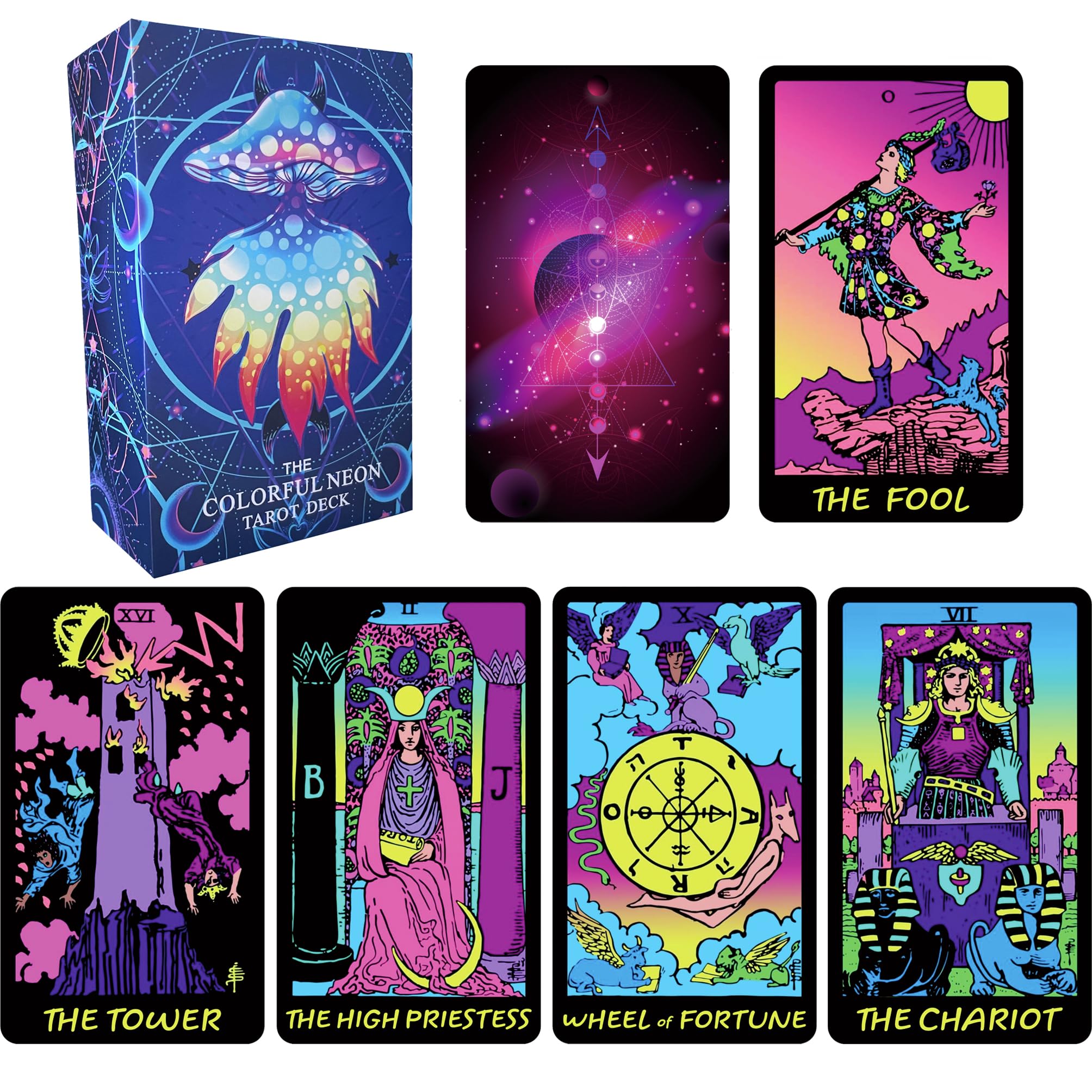 Jrskvaro neon tarot deck cover and box with vibrant colors for eye-catching display
